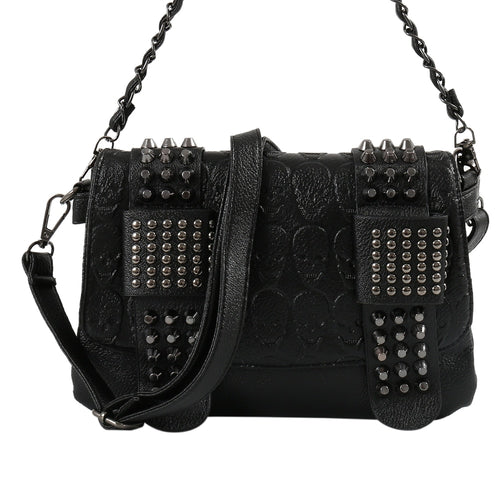 Women Black Leather Messenger Bags Fashion Vintage Messenger Cool Skull Rivets Shoulder Bags