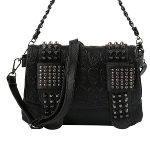 Women Black Leather Messenger Bags Fashion Vintage Messenger Cool Skull Rivets Shoulder Bags