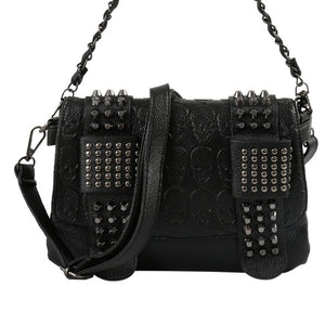 Women Black Leather Messenger Bags Fashion Vintage Messenger Cool Skull Rivets Shoulder Bags