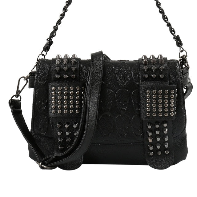 Women Black Leather Messenger Bags Fashion Vintage Messenger Cool Skull Rivets Shoulder Bags