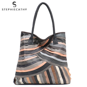 SC Brand Style Real Leather Tote Bag For Women Large Shoulder Bag Ladies Soft Sheepskin Patchwork Handbag Female Casual Purse