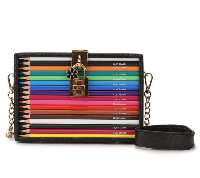 New Arrival Color Pencil Design Box Style Pu Ladies Party Clutch Bag Chain Purse Handbag For Women Crossbody Mini Messeng Bag