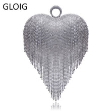 Load image into Gallery viewer, GLOIG Heart Design Tassel Rhinestones Women Clutches Crystal Finger Ring Chain Shoulder Handbags For Party Wedding Bridal Purse