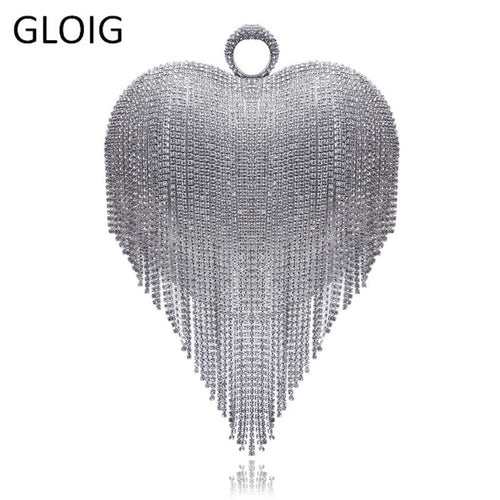 GLOIG Heart Design Tassel Rhinestones Women Clutches Crystal Finger Ring Chain Shoulder Handbags For Party Wedding Bridal Purse