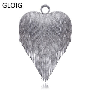 GLOIG Heart Design Tassel Rhinestones Women Clutches Crystal Finger Ring Chain Shoulder Handbags For Party Wedding Bridal Purse
