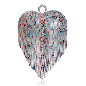 GLOIG Heart Design Tassel Rhinestones Women Clutches Crystal Finger Ring Chain Shoulder Handbags For Party Wedding Bridal Purse