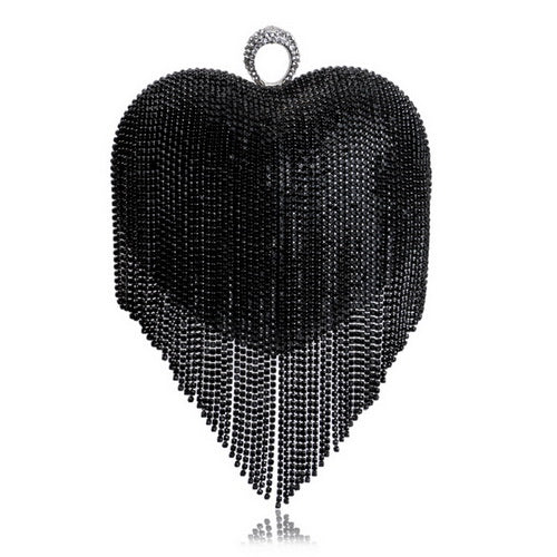 GLOIG Heart Design Tassel Rhinestones Women Clutches Crystal Finger Ring Chain Shoulder Handbags For Party Wedding Bridal Purse