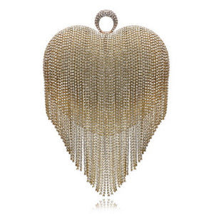 GLOIG Heart Design Tassel Rhinestones Women Clutches Crystal Finger Ring Chain Shoulder Handbags For Party Wedding Bridal Purse