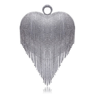 GLOIG Heart Design Tassel Rhinestones Women Clutches Crystal Finger Ring Chain Shoulder Handbags For Party Wedding Bridal Purse